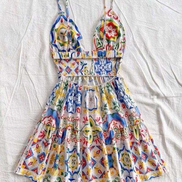 Multicolor Boho Women's Sicily Style Cutout Back Double Layered Short Dress - Picture 2 of 6